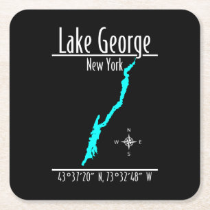 Lake George New York Shoreline Map Coordinates Square Paper Coaster