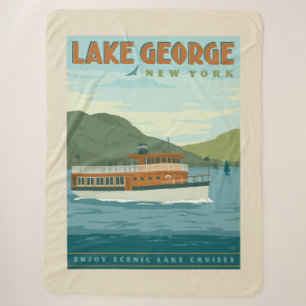 Lake George, New York Vintage Boat Sherpa Blanket