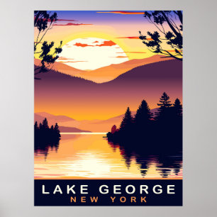 Lake George, NY, Romantic Sunset, Travel Poster