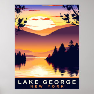 Lake George, NY, Romantic Sunset, Travel Poster