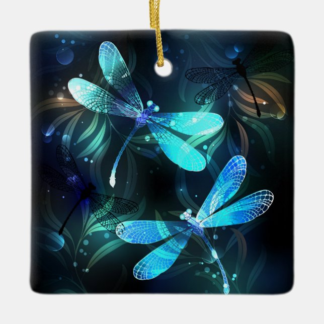 Lake Glowing Dragonflies Ceramic Ornament (Front)