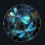 Lake Glowing Dragonflies Dartboard<br><div class="desc">Two transparent, luminous, turquoise, artistically drawn dragonflies on night background with luminescent lake algae and fireflies. Glowing dragonfly.</div>