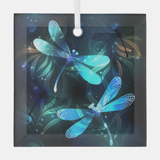Lake Glowing Dragonflies Glass Tree Decoration (Front)