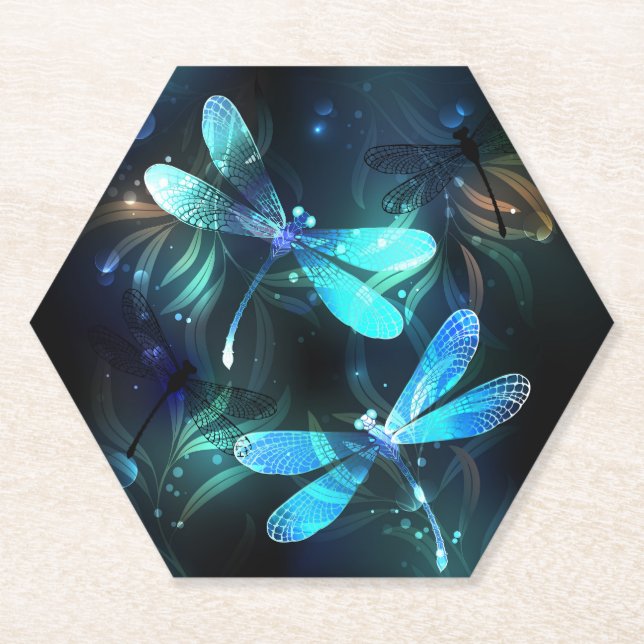 Lake Glowing Dragonflies Paper Coaster (Front)