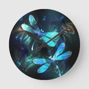 Lake Glowing Dragonflies Round Clock
