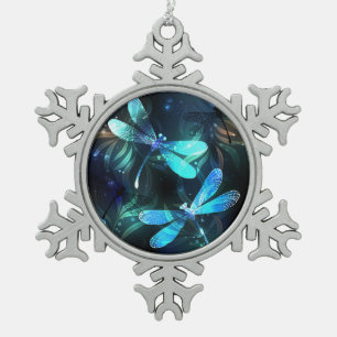 Lake Glowing Dragonflies Snowflake Pewter Christmas Ornament