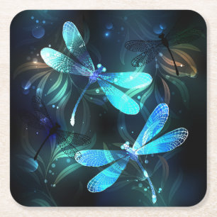 Lake Glowing Dragonflies Square Paper Coaster