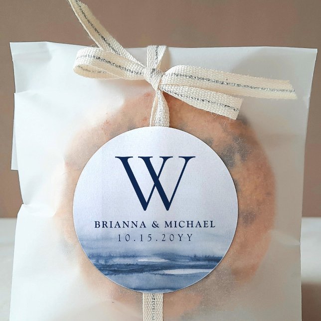 Lake Harbour Fog Wedding | Custom Monogram Classic Round Sticker (Creator Uploaded)
