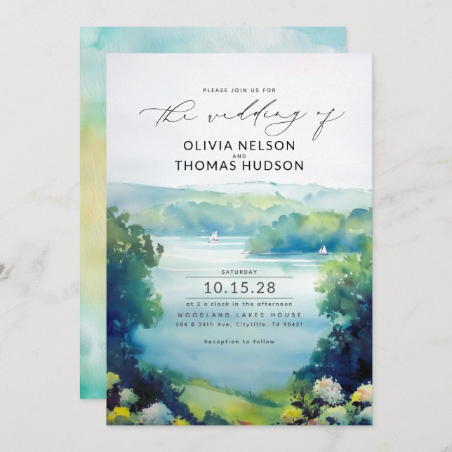 Lake Hills Sailboats Watercolor Nature Wedding Invitation (Front/Back)