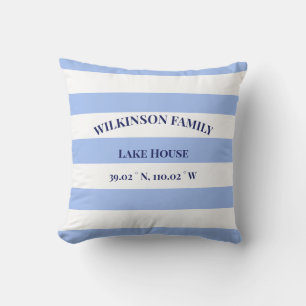 Lake house Coordinates name Blue Stripes Cushion