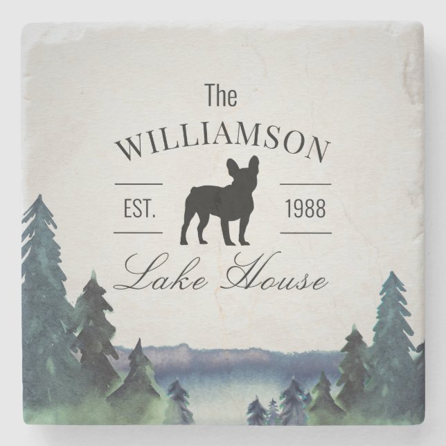 Lake House Custom Family Name Frenchie Themed Stone Coaster (Front)
