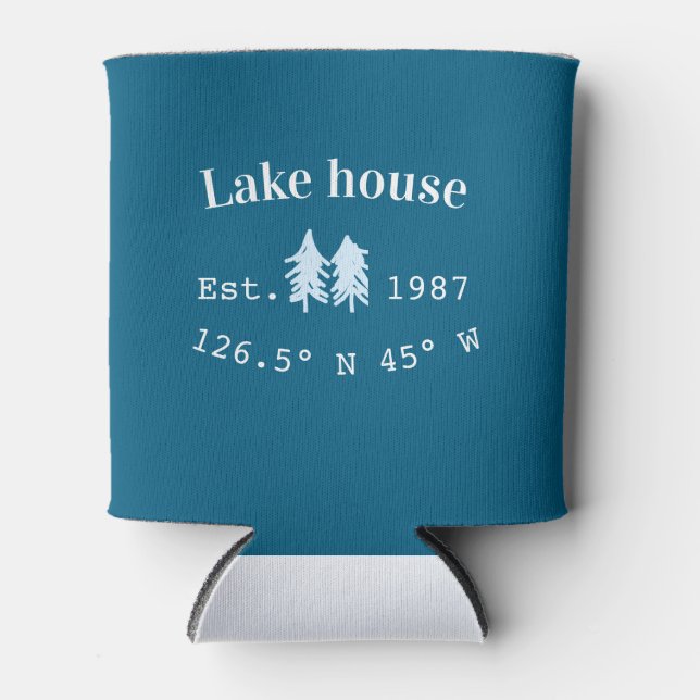 Lake house ets. Date year custom coordinates add n Can Cooler (Front)