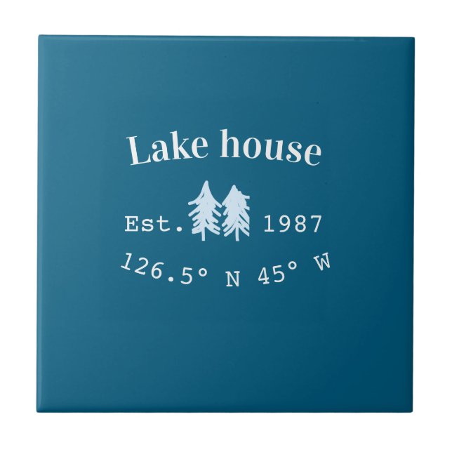 Lake house ets. Date year custom coordinates add n Ceramic Tile (Front)