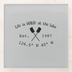 Lake house ets. Date year custom coordinates add n Glass Coaster