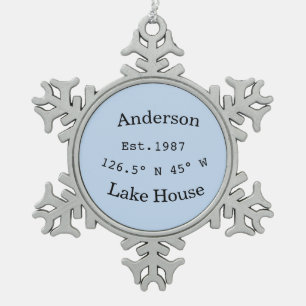Lake house ets. Date year custom coordinates add n Snowflake Pewter Christmas Ornament