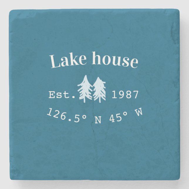 Lake house ets. Date year custom coordinates add n Stone Coaster (Front)