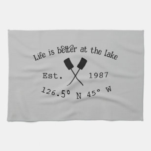Lake house ets. Date year custom coordinates add n Tea Towel