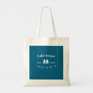 Lake house ets. Date year custom coordinates add n Tote Bag