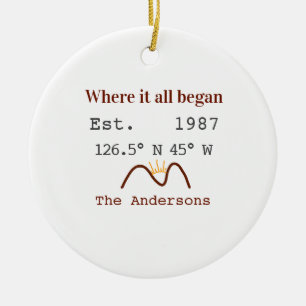 Lake house ets. Date year custom coordinates brown Ceramic Ornament