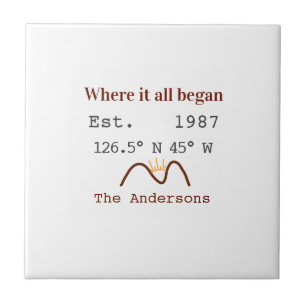 Lake house ets. Date year custom coordinates brown Ceramic Tile