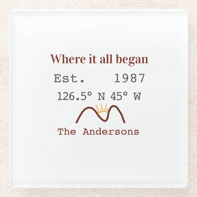 Lake house ets. Date year custom coordinates brown Glass Coaster (Front)