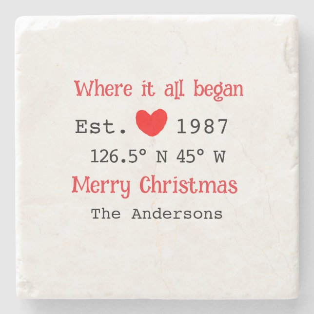 Lake house ets. Date year custom coordinates red Stone Coaster (Front)