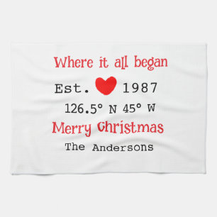 Lake house ets. Date year custom coordinates red Tea Towel