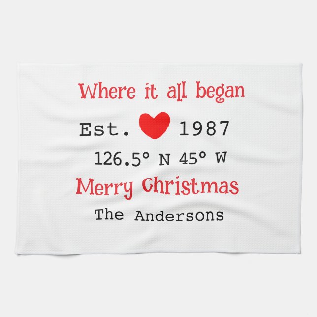 Lake house ets. Date year custom coordinates red Tea Towel (Horizontal)