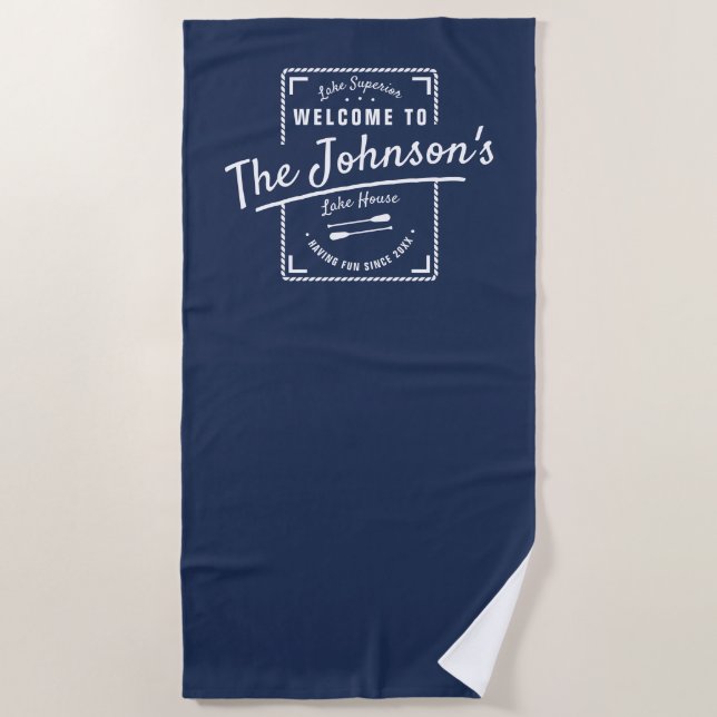 Lake House Family Logo Custom Beach Towel | Navy (Front)