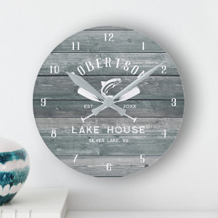 Lake House Family Name Rustic Teal Wood Round Clock