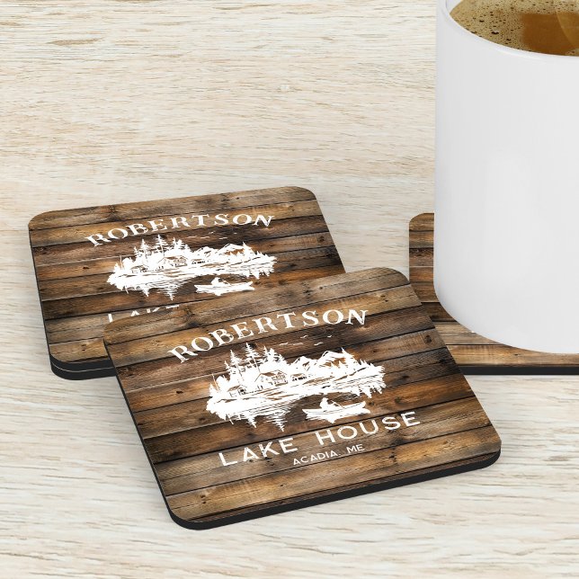 Lake House Family Name Rustic Wood Coaster (Creator Uploaded)