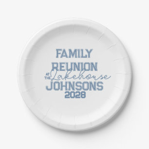 Lake house family reunion minimal blue white Party Paper Plate