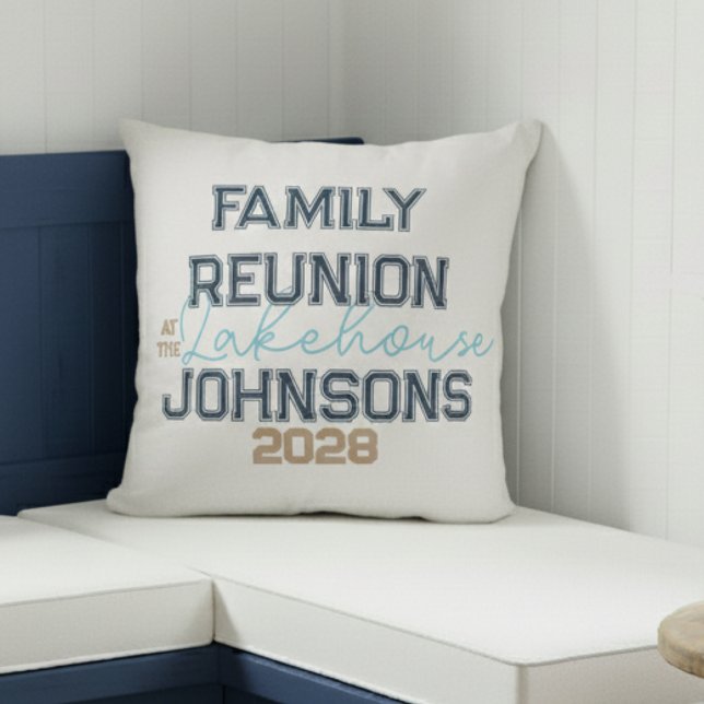 Lake house family reunion retro typography  cushion (Creator Uploaded)