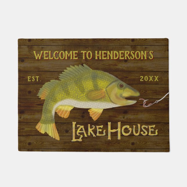 Lake House Nautical Bass Fish Rustic Wood Grain Doormat (Front)