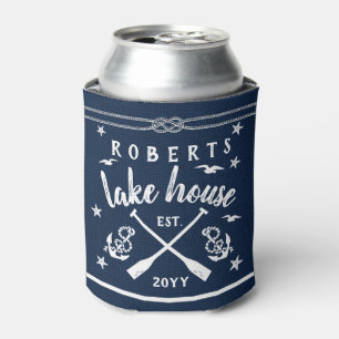Lake House Paddles Anchors Custom Navy Striped Can Cooler