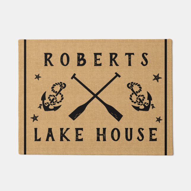 Lake House Paddles Anchors Custom Rustic Burlap Doormat (Front)