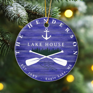 Lake House Pine Family Name Tree wood Personalized Ceramic Ornament