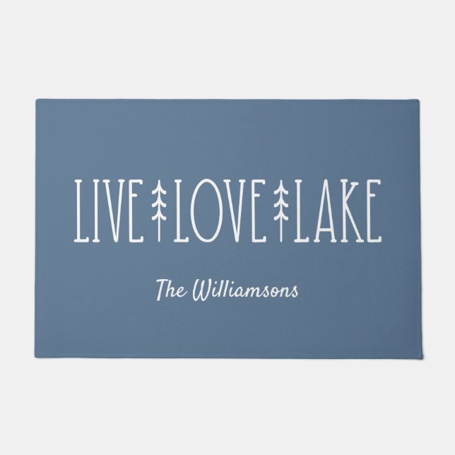 Lake House Quote Pine Tree Personalised Blue Doormat (Front)