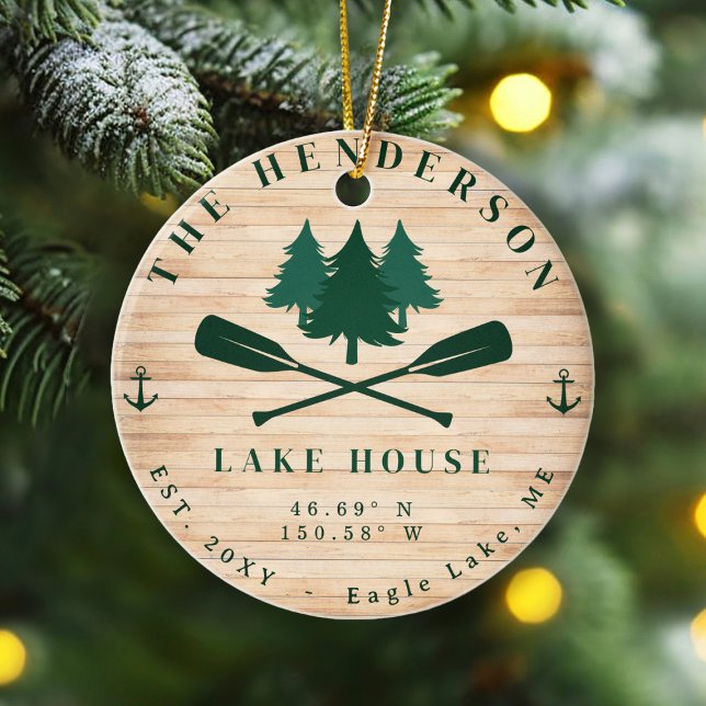 Lake House Rustic Lake House Boat Oars Trees Ceramic Ornament (Creator Uploaded)