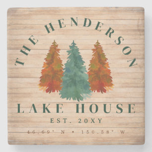 Lake House Rustic Lake House Boat Watercolor Trees Stone Coaster
