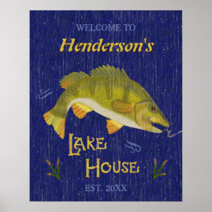 Lake House Rustic Nautical Bass Fish   Custom Name Poster