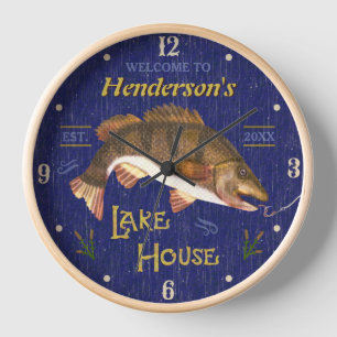 Lake House Rustic Nautical Bass Fish   Name Brown Clock