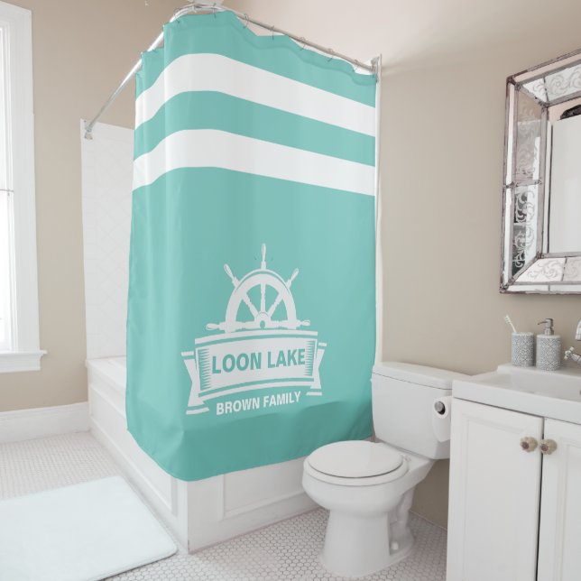 Lake House Vacation Family Name Shower Curtain (In Situ)