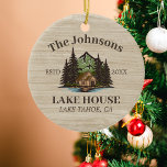 Lake House Wood Themed Family Name Personalised Ceramic Ornament<br><div class="desc">Ideal for family gatherings, reunions, or your lakeside retreat, this product is designed with a charming rustic wood finish. It showcases a beautifully designed mountain scene by the lake with a cabin, personalised with your family name, the year established, and any additional details you prefer. An excellent choice for a...</div>