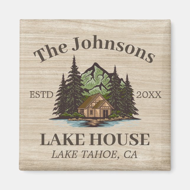 Lake House Wood Themed Family Name Personalised Magnet (Front)