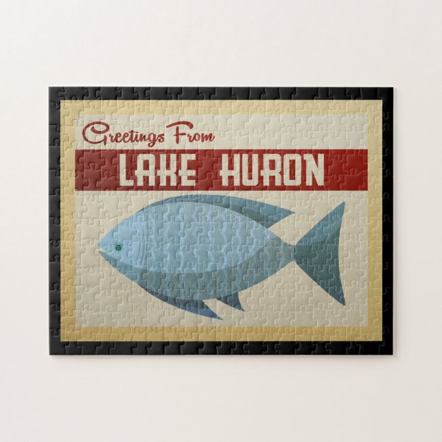 Lake Huron Blue Fish Vintage Travel Jigsaw Puzzle (Horizontal)