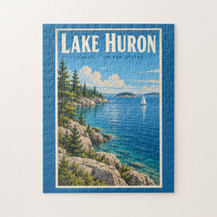 Lake Huron Illustration Travel Art Vintage Jigsaw Puzzle