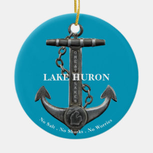 Lake Huron Patriotic distressed anchor nautical Ceramic Ornament