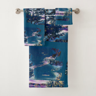 lake in blue bath towel set