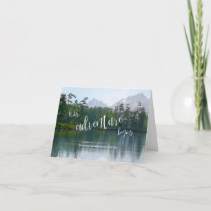 Lake in the mountains our adventure begins wedding card